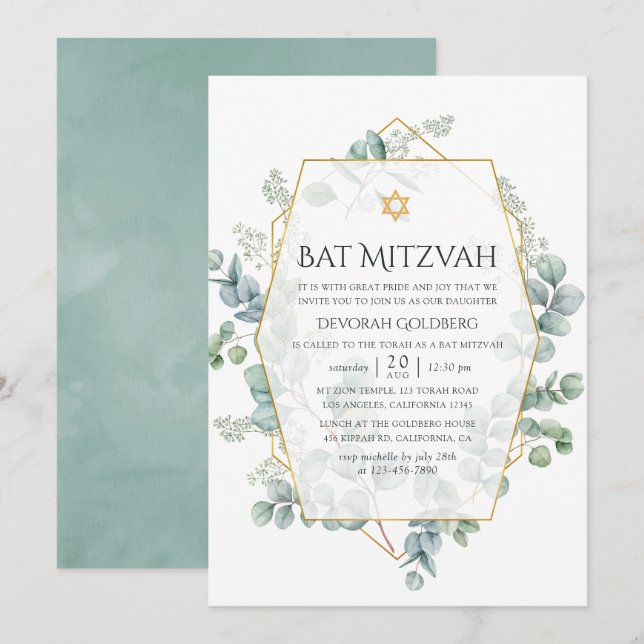 Invitación Eucalyptus Geometric Bat Mitzvah (Anverso / Reverso)