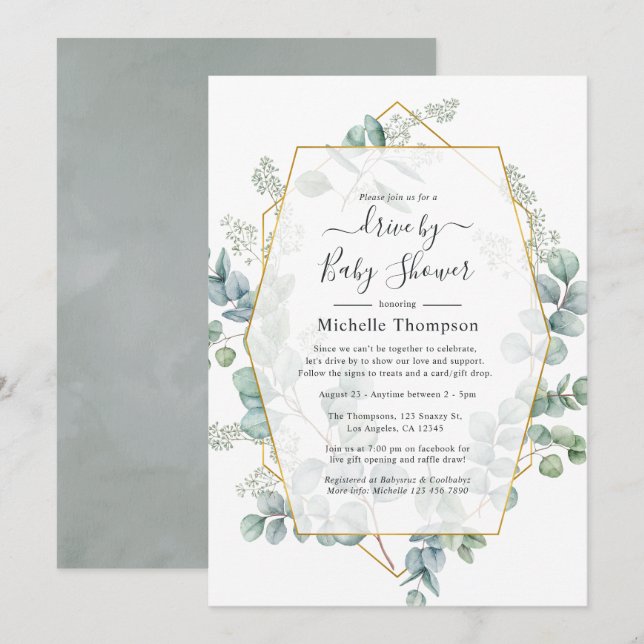 Invitación Eucalyptus Geometric Drive By Shower (Anverso / Reverso)
