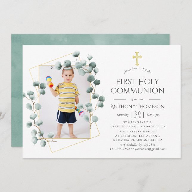 Invitación Eucalyptus Geometric First Holy Communia (Anverso / Reverso)
