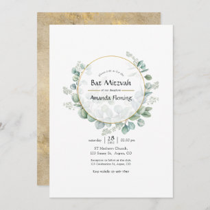 Invitación Eucalyptus Geometric Gold Bat Mitzvah