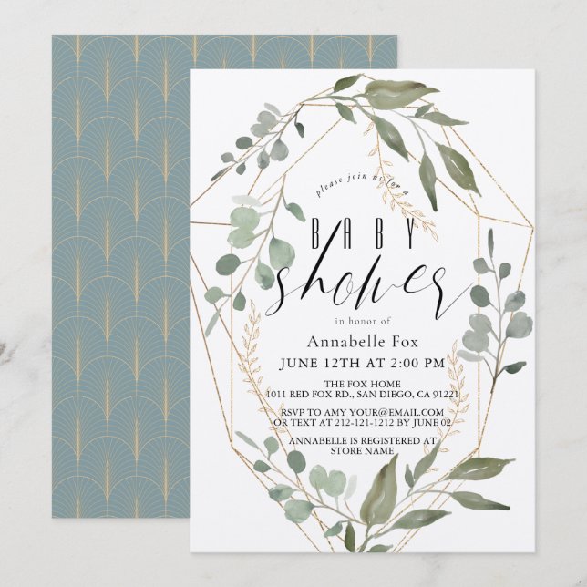 Invitación Eucalyptus Geométrico Gold Frame Green Baby Shower (Anverso / Reverso)