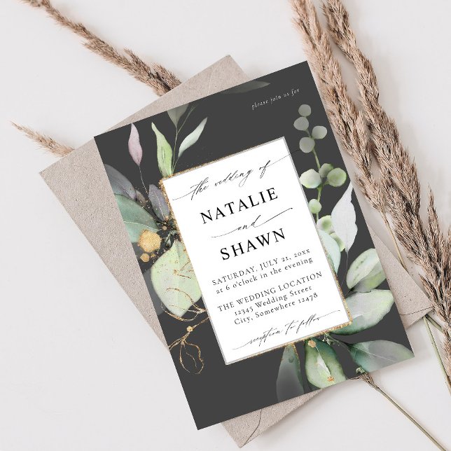 Invitación Eucalyptus Glow Gold Greenery Boda Gray (Subido por el creador)