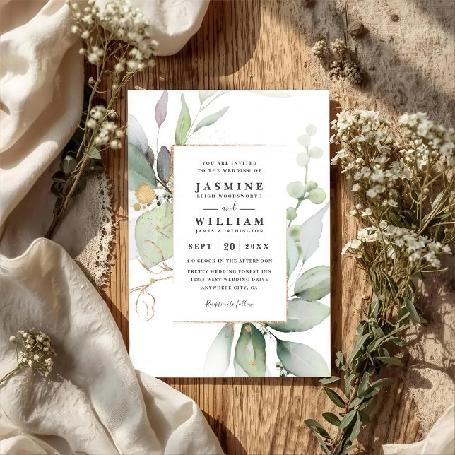 Invitación Eucalyptus Glow Gold Greenery QR Code Wedding (Subido por el creador)