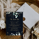 Invitación Eucalyptus Gold Blue Todavía Vemos Renovación<br><div class="desc">Este eucalipto azul dorado aún hacemos votos de renovación invitación es perfecto para una simple ceremonia de renovación y celebración. Este diseño artístico presenta una florida floral dorada a mano y eucalipto de color agua verde en un fondo azul oscuro,  inspirando la belleza natural.</div>