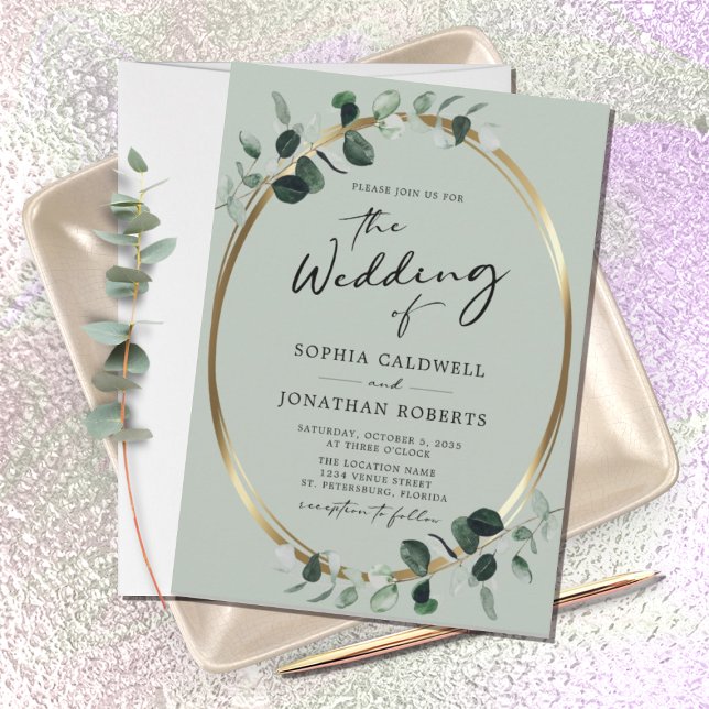 Invitación Eucalyptus Gold Boda de caligrafía moderna (Subido por el creador)