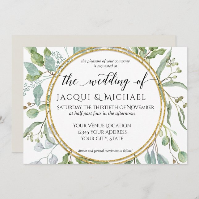 Invitación Eucalyptus Gold, Boda Verde y Blanco Foliage (Anverso / Reverso)