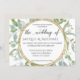 Invitación Eucalyptus Gold, Boda Verde y Blanco Foliage