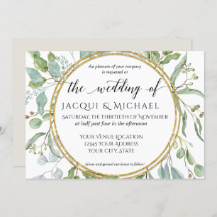 Invitación Eucalyptus Gold, Boda Verde y Blanco Foliage