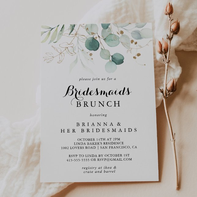 Invitación Eucalyptus Gold Bridesmaids Brunch Shower (Subido por el creador)