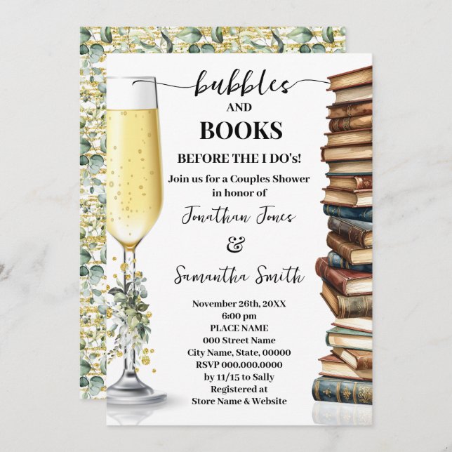 Invitación Eucalyptus Gold Bubbles & Books Couples Shower (Anverso / Reverso)