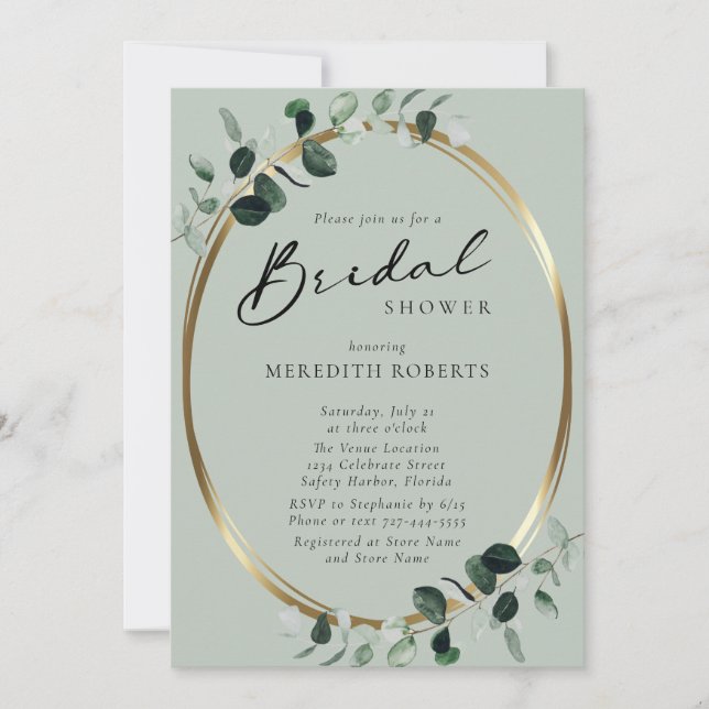 Invitación Eucalyptus Gold Caligrafía moderna Ducha de novias (Anverso)