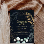 Invitación Eucalyptus Gold Calligraphy Blue Surprise Fiesta<br><div class="desc">Esta invitación a una fiesta sorpresa azul con la caligrafía dorada del eucalipto es perfecta para un simple cumpleaños, jubilación o cualquier fiesta sorpresa. Este diseño artístico presenta un follaje dorado a mano floral y acuarela de eucalipto verde en un fondo azul oscuro, bellamente acondicionado en un marco geométrico elegante....</div>