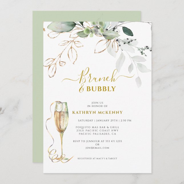 Invitación Eucalyptus Gold Calligraphy Shower (Anverso / Reverso)
