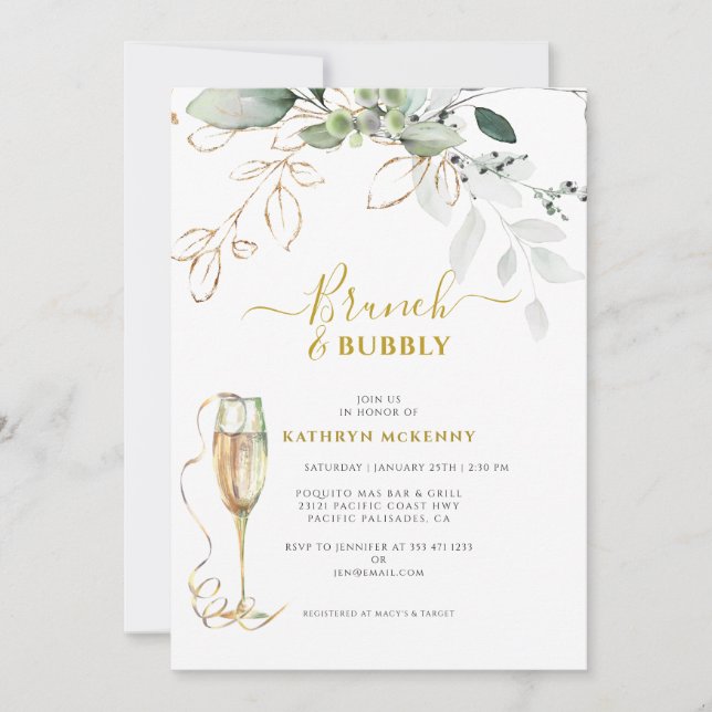 Invitación Eucalyptus Gold Calligraphy Shower (Anverso)