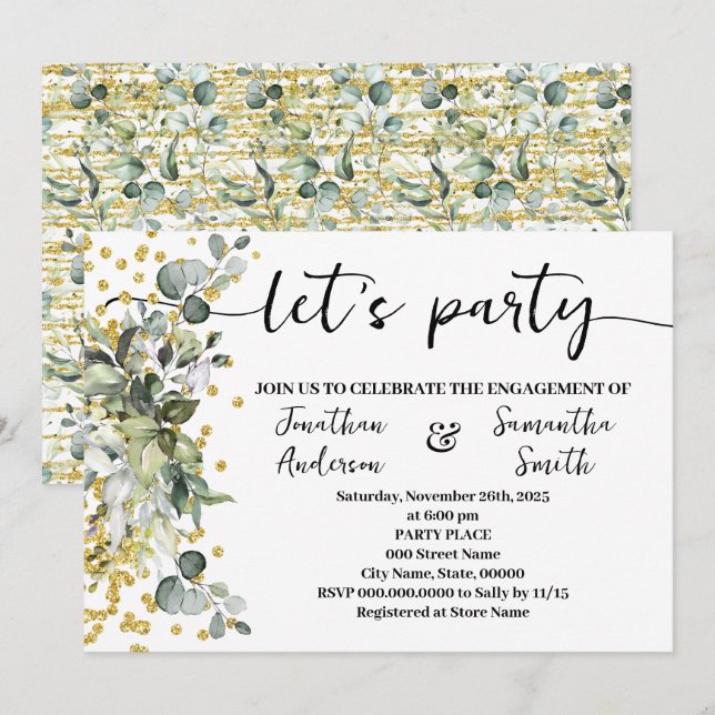 Invitación Eucalyptus Gold Compromiso Fiesta (Anverso / Reverso)