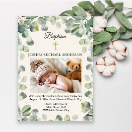 Invitación Eucalyptus Gold Cross Religion Baptism Photo