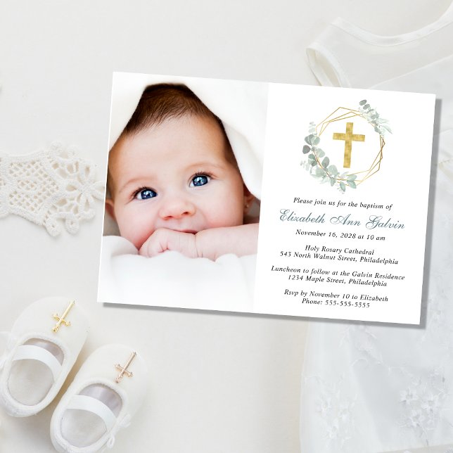 Invitación Eucalyptus Gold Cross Script Photo Baptism (Subido por el creador)