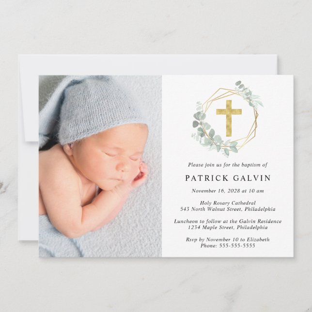 Invitación Eucalyptus Gold Cross Watercolorsm Photo Baptism (Anverso)