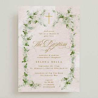 Invitación Eucalyptus Gold Cross Wreath Chica Bautismo