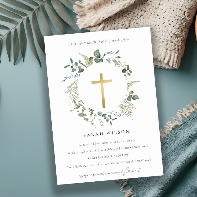 Invitación Eucalyptus Gold Cross Wreath Primera Comunión Sant (Subido por el creador)