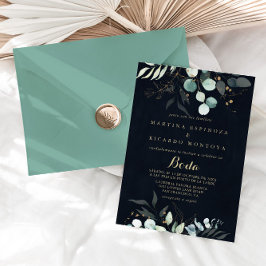 Invitación Eucalyptus Gold Floral Azul Boda Español