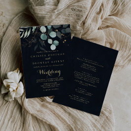Invitación Eucalyptus Gold Floral Blue Front & Back Boda