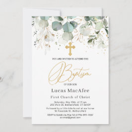 Invitación Eucalyptus Gold Foliage Cross Baptism