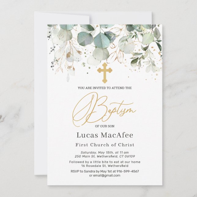 Invitación Eucalyptus Gold Foliage Cross Baptism (Anverso)