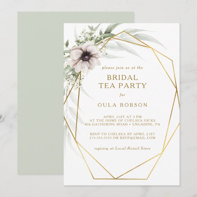 Invitación Eucalyptus Gold Geometric Bridal Tea Fiesta (Anverso / Reverso)