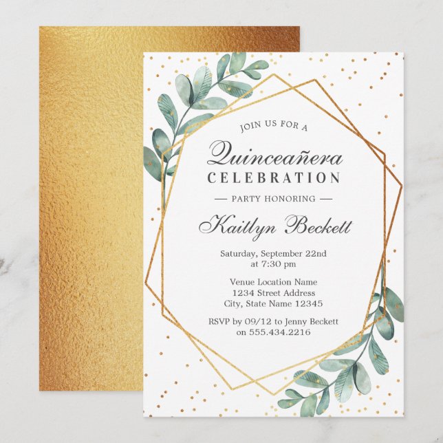 Invitación Eucalyptus Gold Geometric Quinceañera Cumpleaños (Anverso / Reverso)