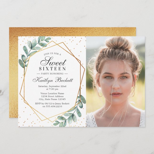 Invitación Eucalyptus Gold Geometric Sweet Dieciséis Photo (Anverso / Reverso)