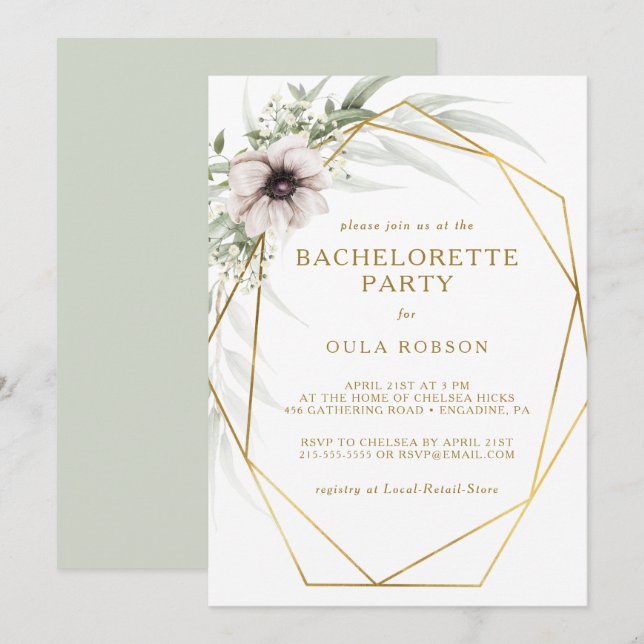Invitación Eucalyptus Gold Geométrica Bachelorette (Anverso / Reverso)