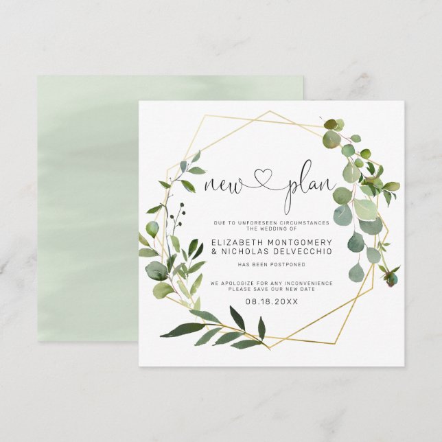 Invitación Eucalyptus Gold Geométrico | Boda pospuesto (Anverso / Reverso)