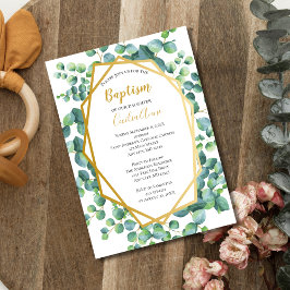 Invitación Eucalyptus Gold Green Floral Boy Baptism