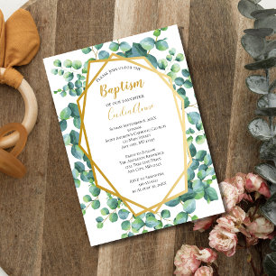 Invitación Eucalyptus Gold Green Floral Boy Baptism