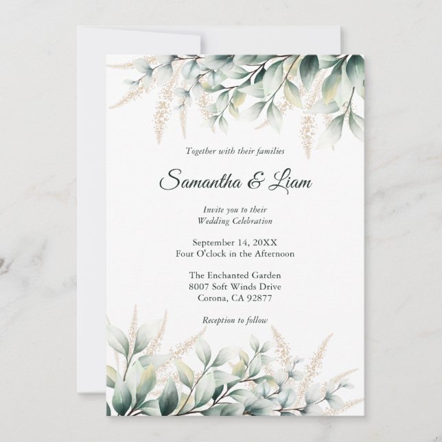 Invitación Eucalyptus Gold Greenery Wedding (Anverso)