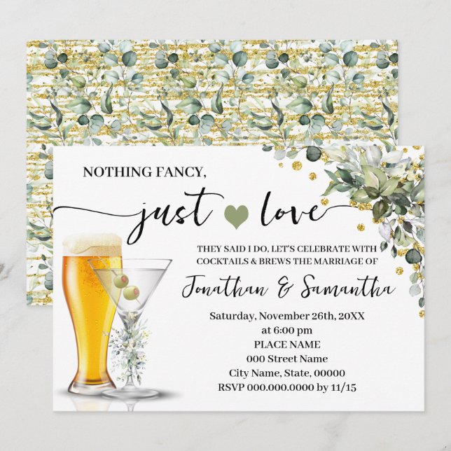Invitación Eucalyptus Gold Nada Fancy Just Love Elopement (Anverso / Reverso)