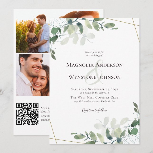 Invitación Eucalyptus Gold Photo QR Código Boda Itinerario (Anverso / Reverso)