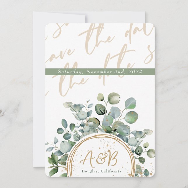 Invitación Eucalyptus Gold Purpurina - Verde - Guardar fecha  (Anverso)