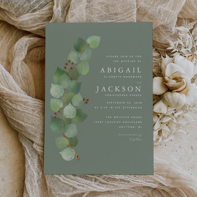 Invitación Eucalyptus Gold Sage Green Boda (The perfect choice for a eucalyptus themed wedding with a sage green color palette.)