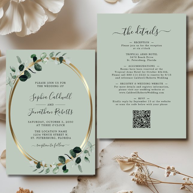 Invitación Eucalyptus Gold Sage todo en un Boda (Updated Eucalyptus Gold Sage Double Sided All in One Wedding Invitation)