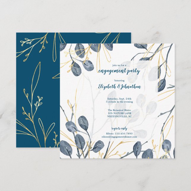 Invitación Eucalyptus Gold Watercolor Garden Engagement Party (Anverso / Reverso)