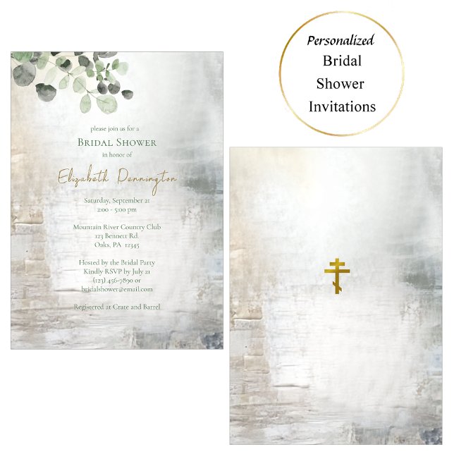 Invitación Eucalyptus Gray Gold Textil Ducha de novias (Subido por el creador)