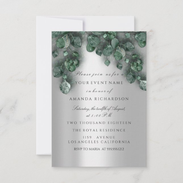 Invitación Eucalyptus Gray VIP Bridal Boda Woodland Rustic (Anverso)