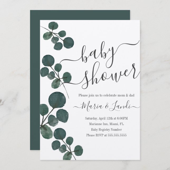Invitación Eucalyptus Green Baby Shower Kraft (Anverso / Reverso)
