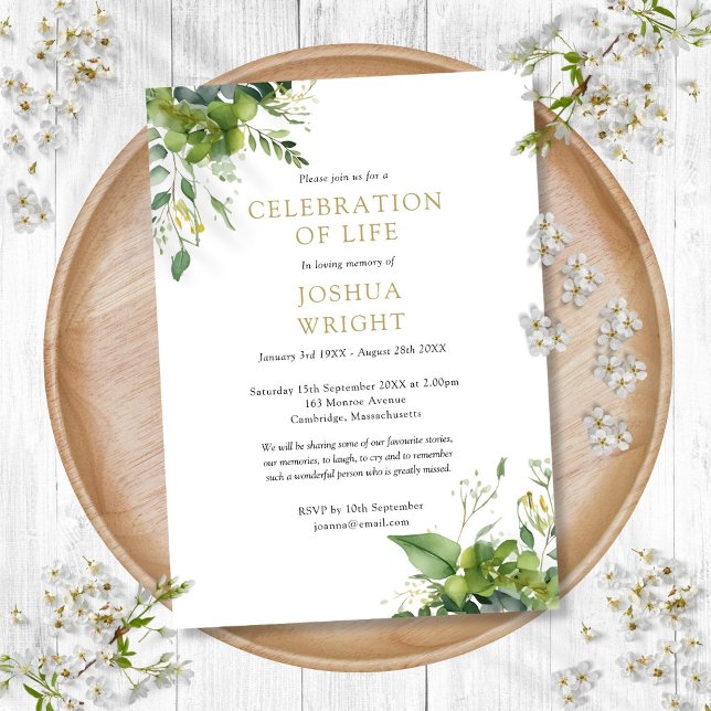 Invitación Eucalyptus Green Celebration Of Life Funeral (Eucalyptus Greenery Celebration Of Life Funeral Invitation)