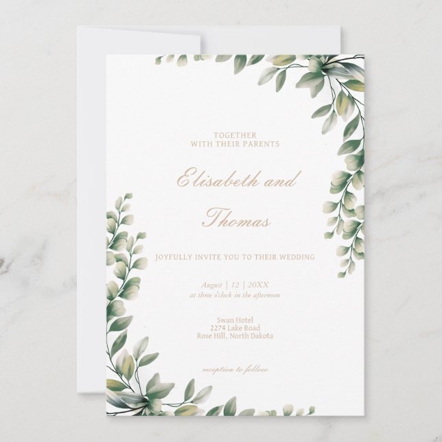 Invitación Eucalyptus green deja una boda elegante (Anverso)