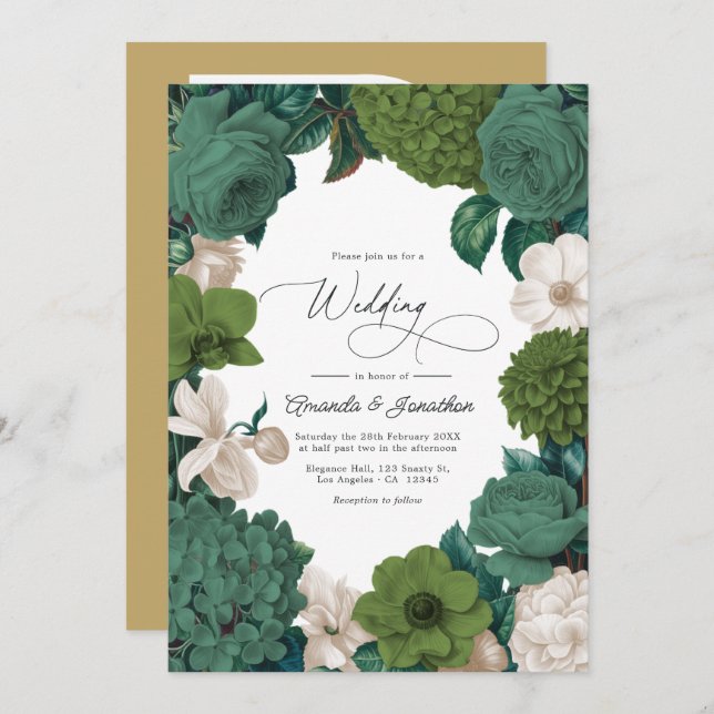 Invitación Eucalyptus Green, Fern Olive & Cream Line Wedding (Anverso / Reverso)