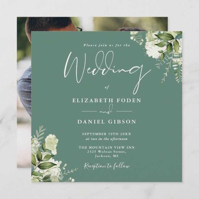 Invitación Eucalyptus Green Floral Photo Square Boda (Anverso / Reverso)