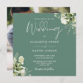 Invitación Eucalyptus Green Floral Photo Square Boda